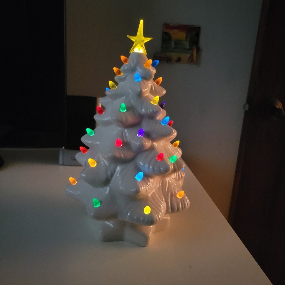 White Ceramic Christmas Tree with Multicolor Lights